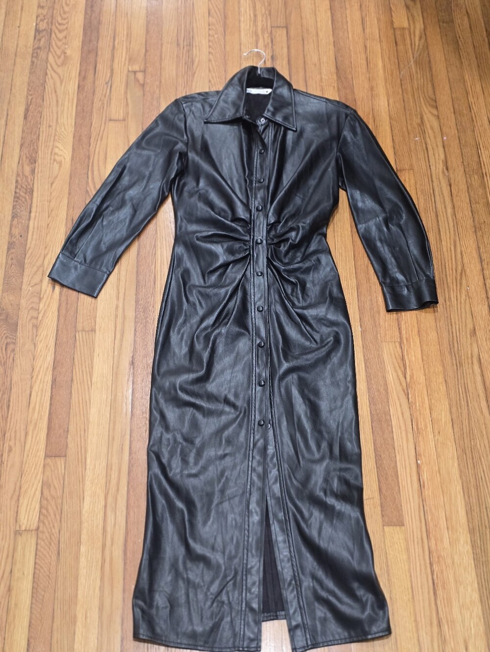 Zara Black Faux Leather Button-Front Long Dress
